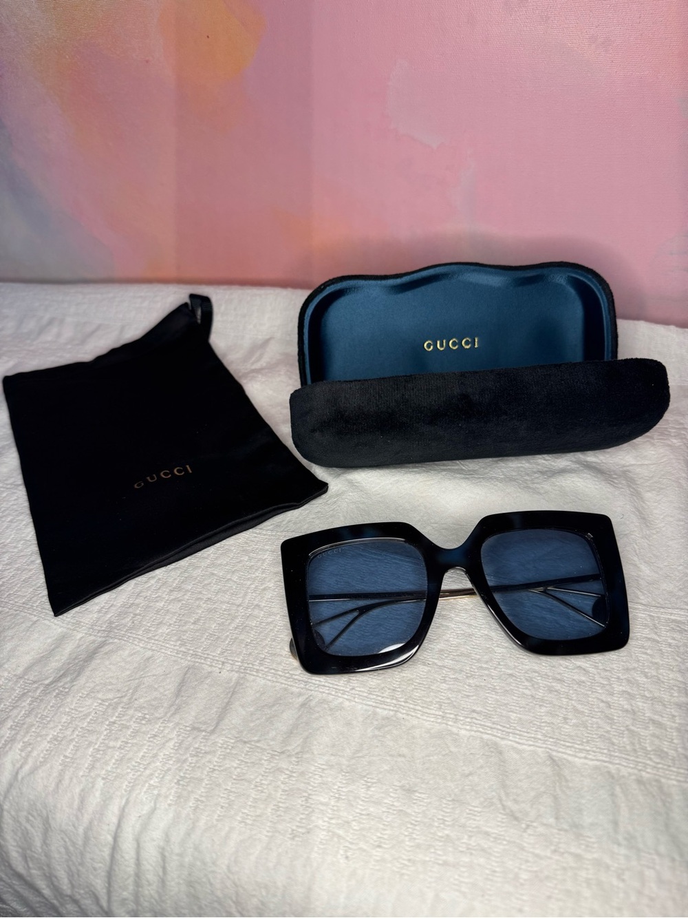 Gucci Women’s Black Square Sunglasses with Blue Lenses